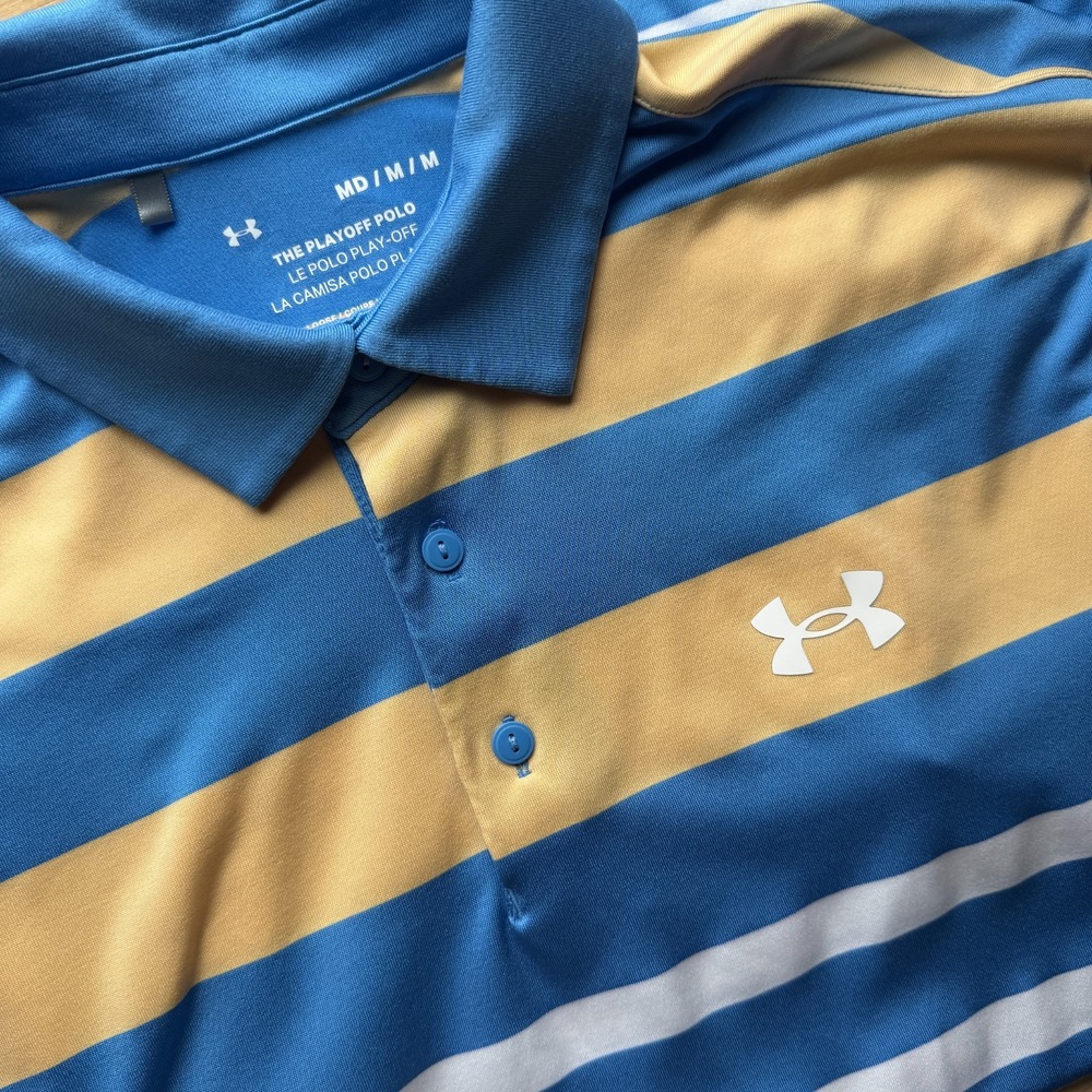 Under Armour The Playoff Polo Shirt Men's Medium Blue Yellow Striped Loose Fit